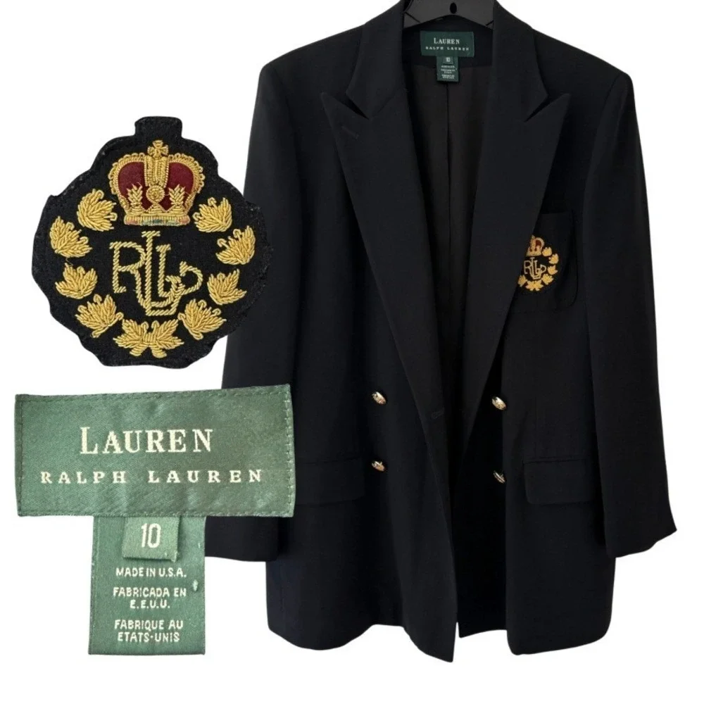 Lauren Ralph Lauren Navy Blue Tailored Blazer Crest Wool Size 10 Double Breasted - Picture 2 of 16
